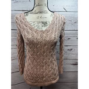 LOFT Ann Taylor‎ Petites Sweater Crochet Knit V Neck Long Sleeve Beige SP